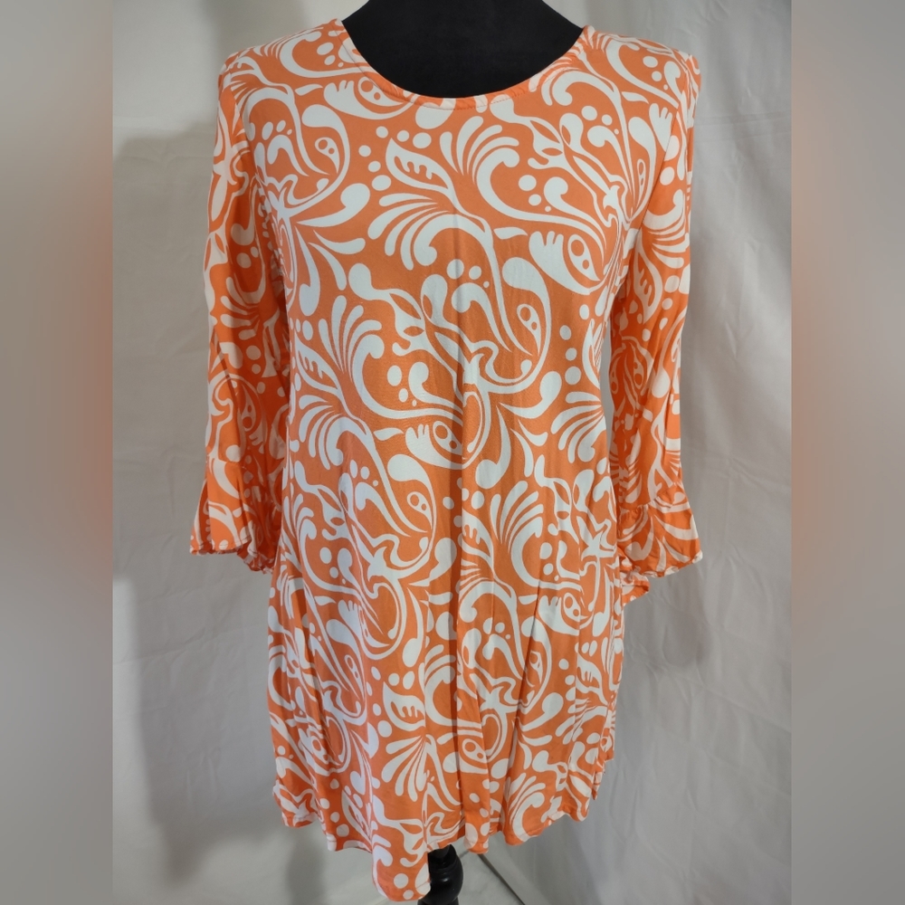 ESCAPADA Women's Orange & White 3/4" Sleeve Flowy Top Size Medium